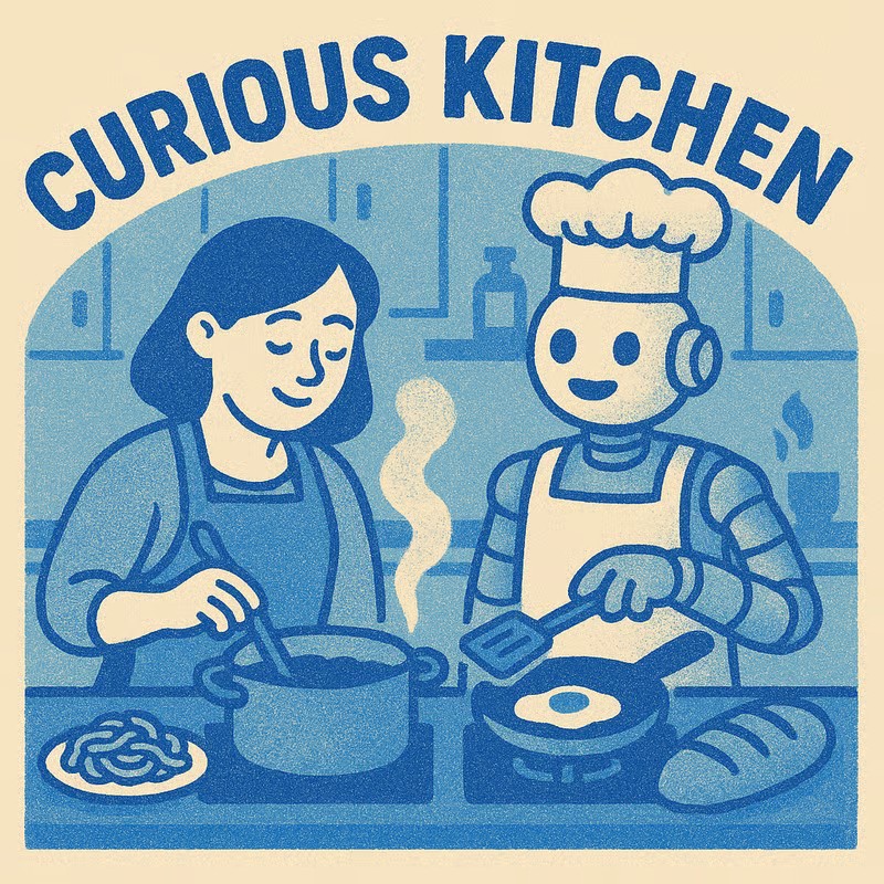CK Cookbook — a woman and a robot cooking together in a retro risograph style